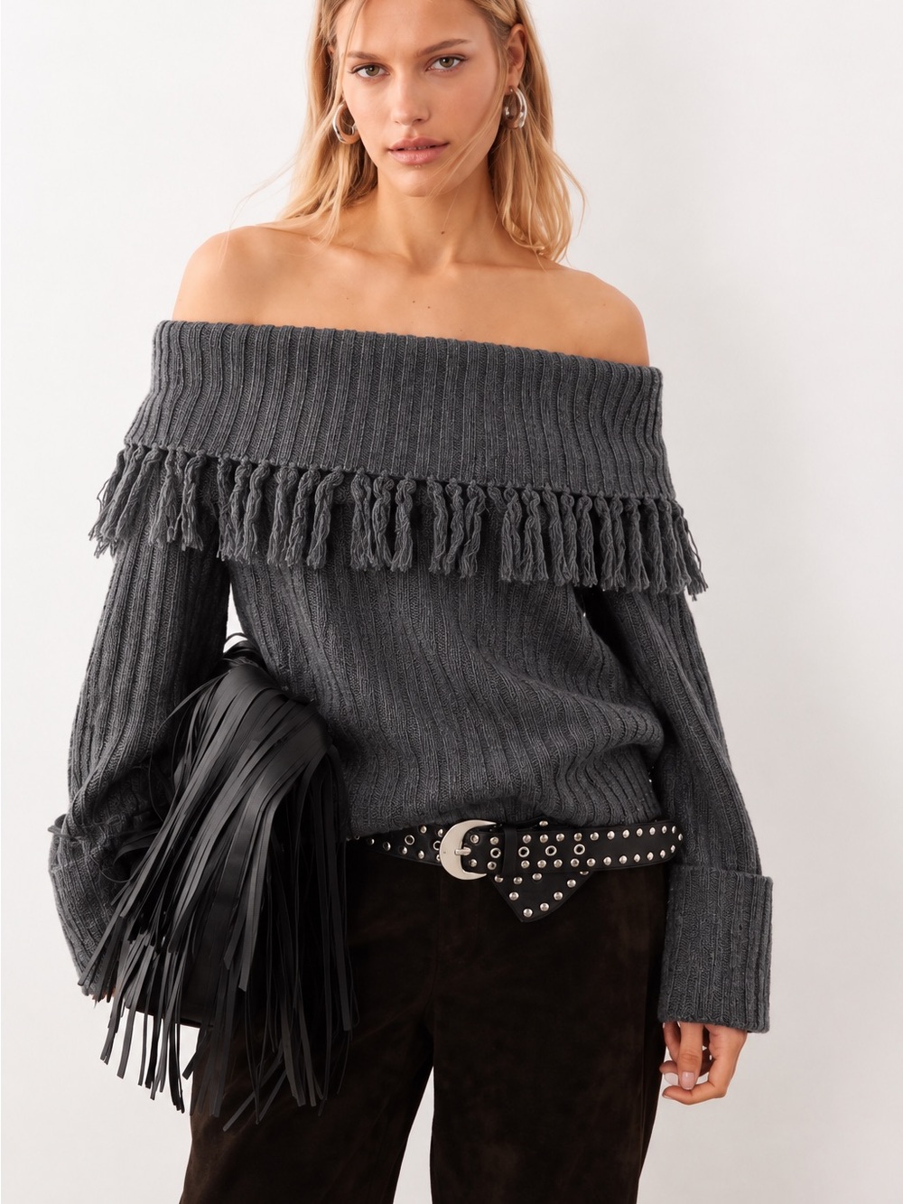 Intermix cashmere & wool $325 off shoulder fringe grey sweater XS
